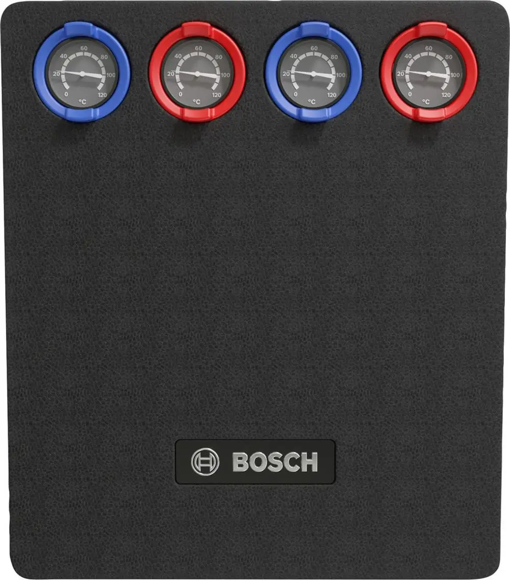 Drei Temperaturmanschetten in blauen und roten Rahmen auf schwarzem Hintergrund, mit dem Logo von Bosch. Die Skalen zeigen Temperaturen in Grad Celsius an.